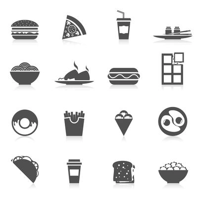 Fast food icons black set with sushi potato chips pizza and sandwitch isolated vector illustration