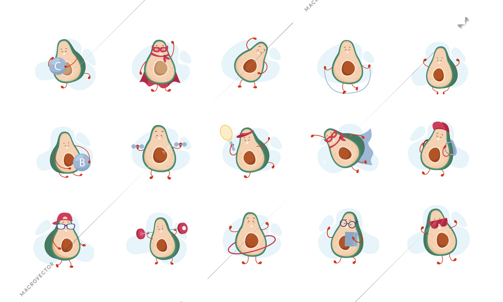 Cartoon avocado flat set with blank background and isolated images of fruit character in various poses vector illustration