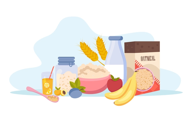 Oatmeal flat composition with view of product box fruits milk and drink with porridge in plate vector illustration