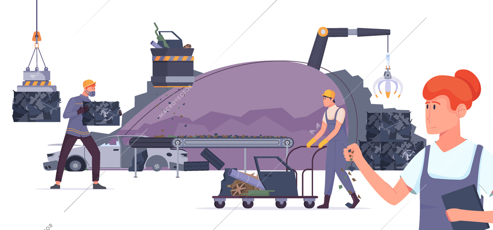 Metal recycling flat composition with isolated view of dumping site with workers and electric dump appliances vector illustration