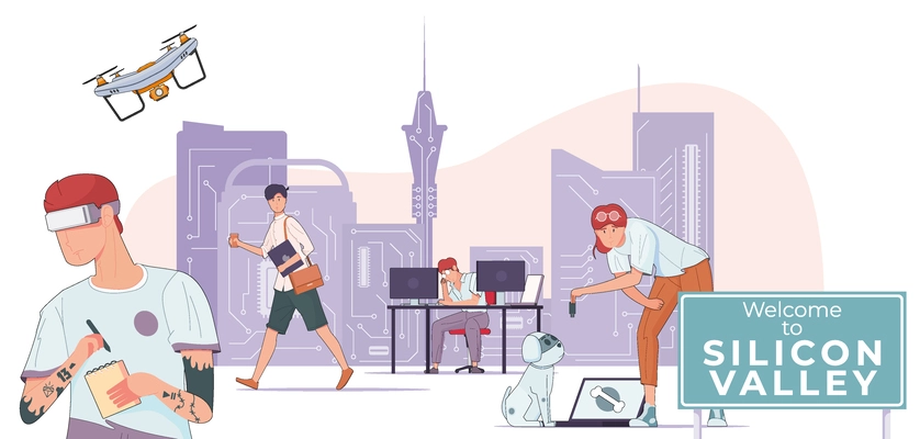 Silicon valley flat composition with nameplate and futuristic cityscape flying drone and people wearing electronic gadgets vector illustration