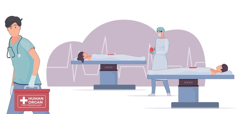 Organ transplant flat composition with characters of lying patients and medical specialist carrying organ in box vector illustration