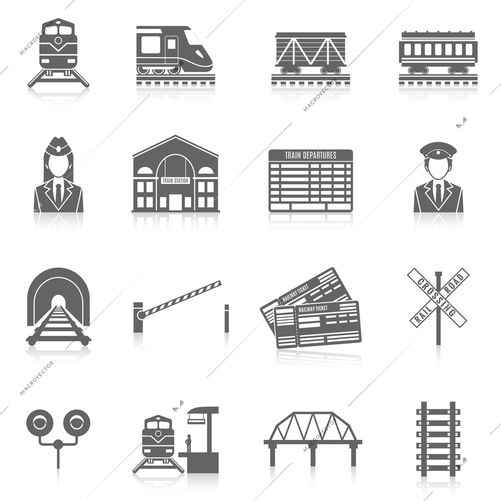 Railway icon set black with station tunnel track semaphore isolated vector illustration