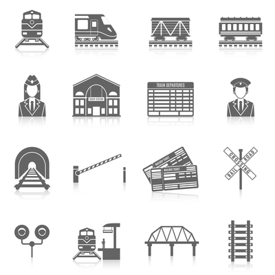 Railway icon set black with station tunnel track semaphore isolated vector illustration