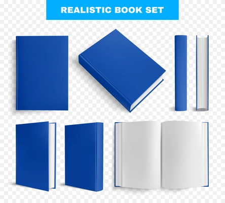 Realistic book mockup transparent set with isolated images of blue covered book views with different angles vector illustration