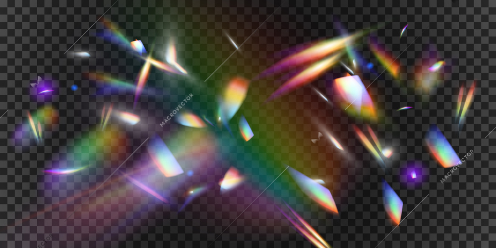 Realistic rainbow effects set of blurred flying particles and reflections of different shape on transparent background vector illustration