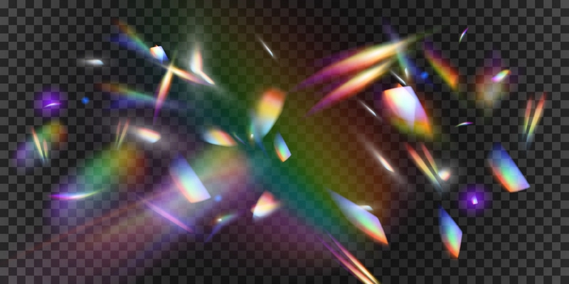 Realistic rainbow effects set of blurred flying particles and reflections of different shape on transparent background vector illustration