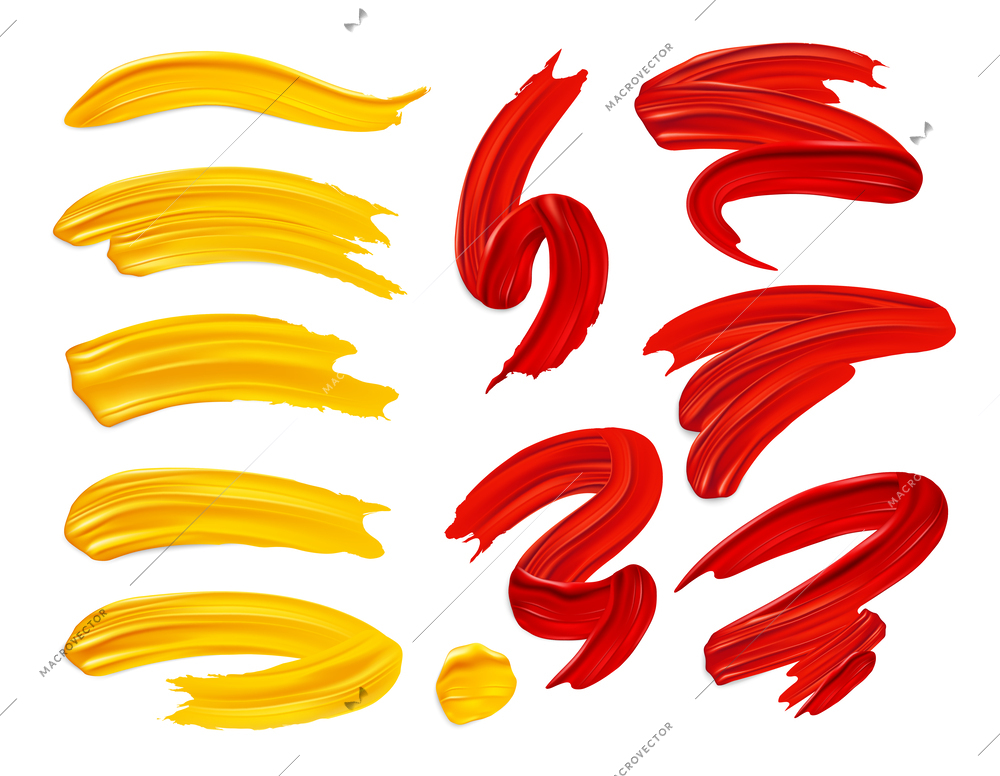 Realistic brush strokes set with yellow and red curves painted with oil isolated on blank background vector illustration