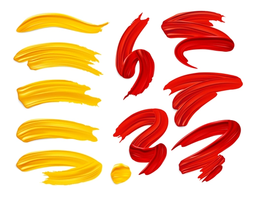 Realistic brush strokes set with yellow and red curves painted with oil isolated on blank background vector illustration