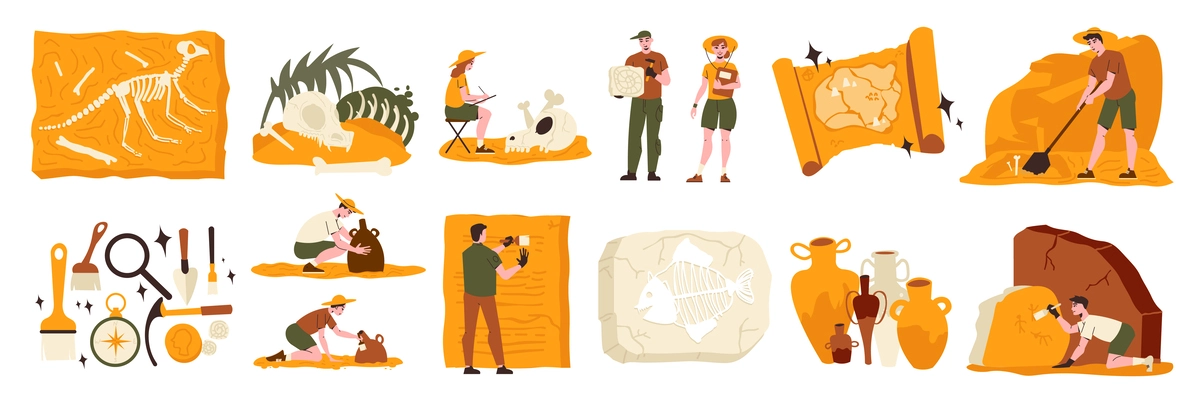 Archeology set of isolated compositions with icons of tools bone remains ancient findings and human characters vector illustration