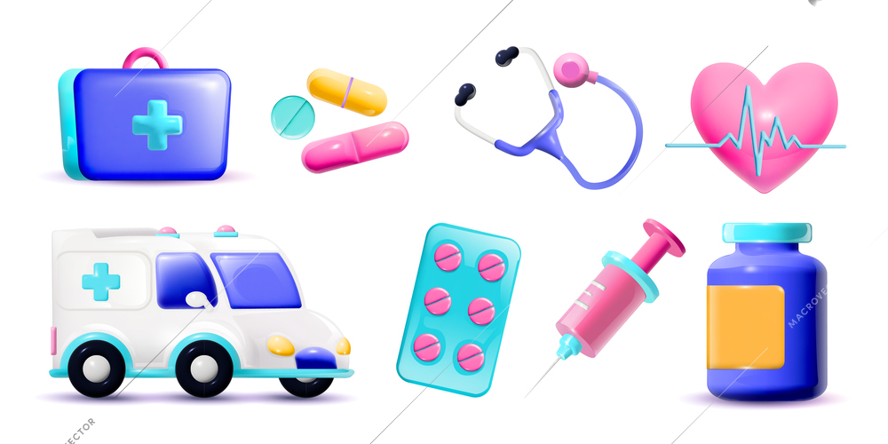 3d cartoon medicine set of isolated icons with colorful pills first aid box and ambulance van vector illustration