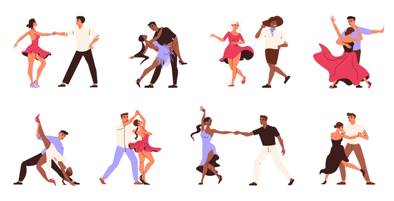 Dance latin set with isolated icons and doodle style characters of dancers wearing traditional festive costumes vector illustration