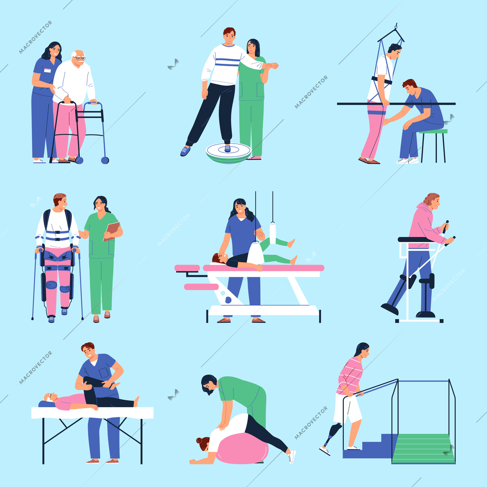 Physiotherapy flat icons set with injured people and medical professionals isolated vector illustration