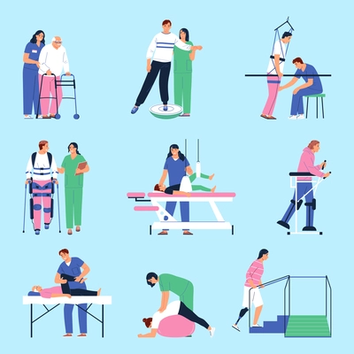 Physiotherapy flat icons set with injured people and medical professionals isolated vector illustration