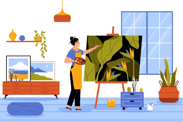 Hobby flat concept with woman painting picture vector illustration