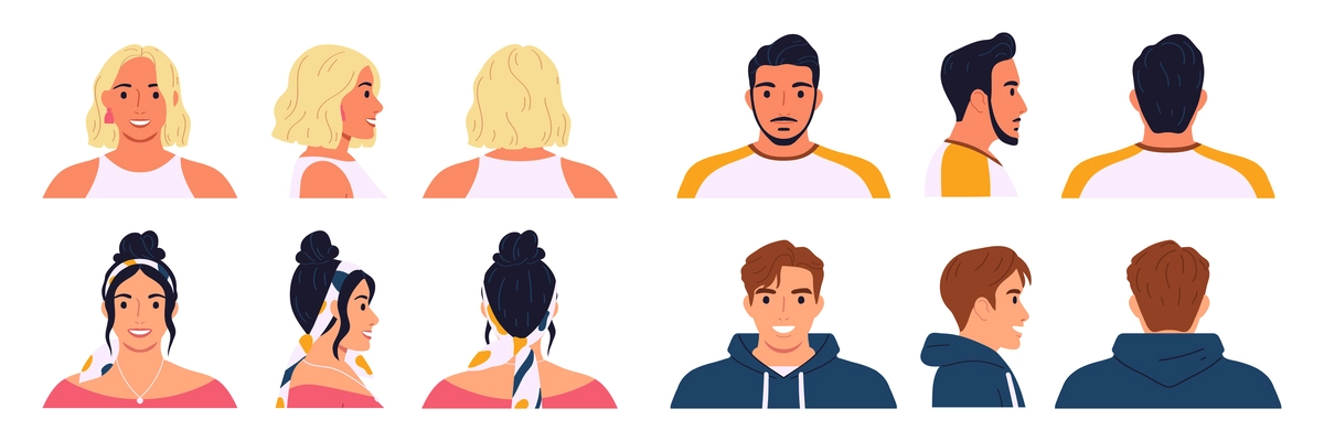 Hairstyle flat icons set with different views of male and female avatars isolated vector illustration