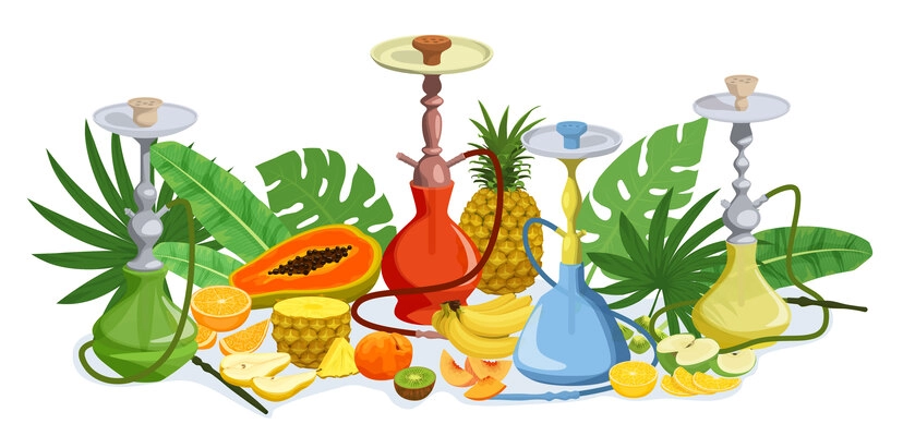 Hookahs decorated with exotic fruits and palm tree leaves flat colored composition vector illustration
