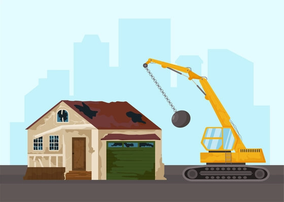 Demolition of dilapidated house by excavator destroyer with ball hammer at city skyscrapers background flat vector illustration