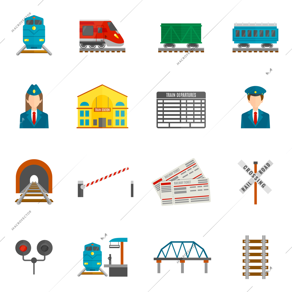 Railway flat icons set with train locomotive wagon conductor isolated vector illustration