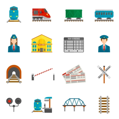 Railway flat icons set with train locomotive wagon conductor isolated vector illustration