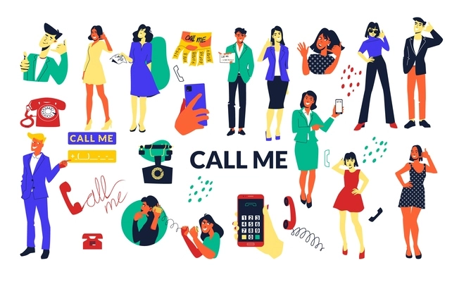 Flat colored call me phone icon set telephones handsets stylishly dressed beautiful people asking and showing their hands to be called back vector illustration