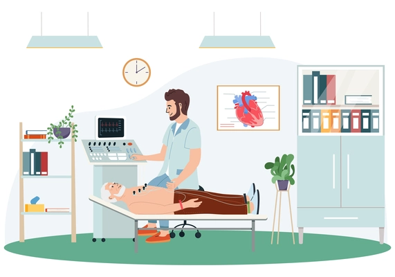 Heart attack symptoms flat composition with view of doctors office interior with medical specialist examining patient vector illustration