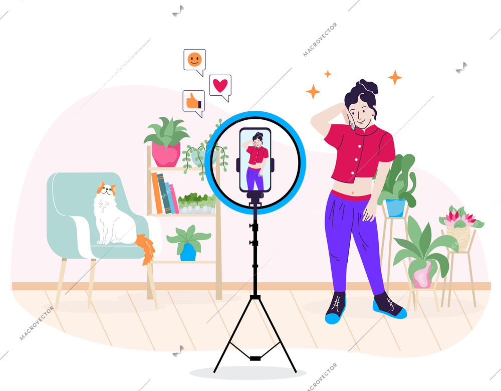 Children gadget addiction flat composition with indoor scenery and teenage girl streaming with smartphone on stand vector illustration