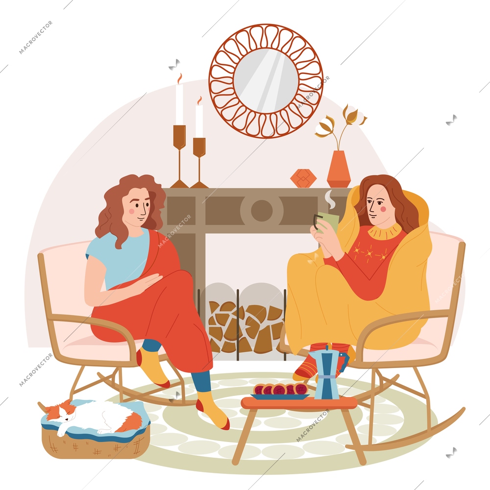 Coffee people flat composition with view of indoor cozy interior with two women on rocking chairs vector illustration