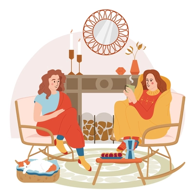 Coffee people flat composition with view of indoor cozy interior with two women on rocking chairs vector illustration