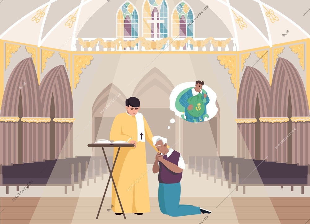 Sin religion flat composition with indoor scenery of church with priest and penitent kneeling in prayer vector illustration