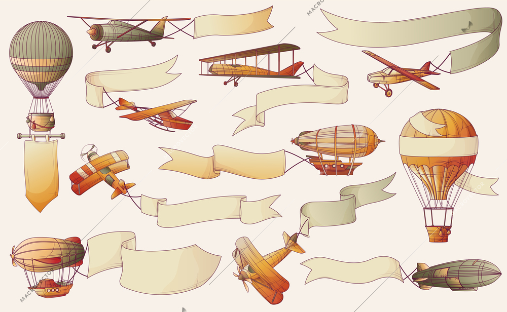 Aeronautics retro vintage aircraft transport banners set with isolated icons of airplanes airships carrying empty ribbons vector illustration