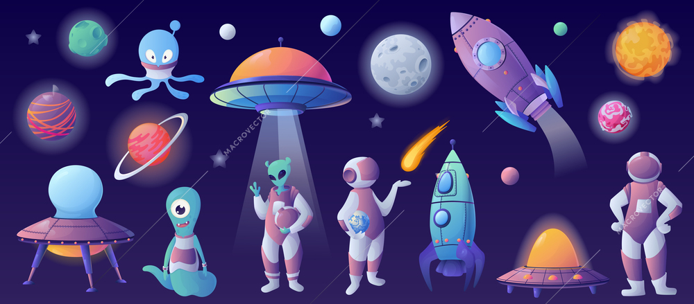 Space cartoon set with isolated icons of planets ufo rockets and funny characters of aliens astronauts vector illustration