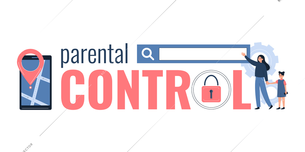 Parental control flat composition of text icons of lock smartphone search bar with mother and daughter vector illustration