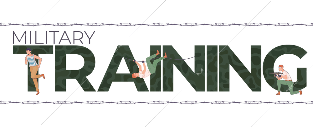 Military training flat composition with editable text and human characters of running and climbing army recruits vector illustration