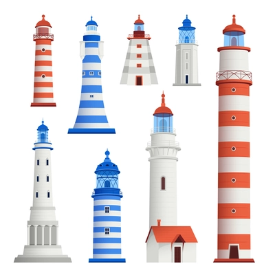 Lighthouse set with isolated images of classic architecture tower buildings colored in blue and red stripes vector illustration