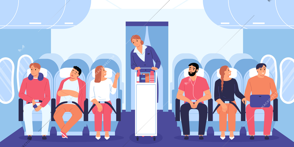 Airplane interior flat concept with stewardess in economic class vector illustration