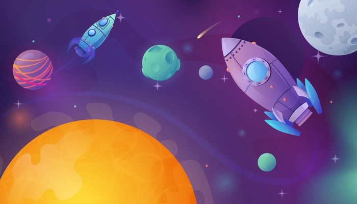 Space cartoon composition with outer space scenery and planets with shiny stars comets and flying rockets vector illustration