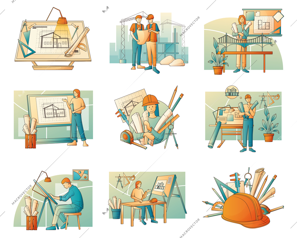 Architects and construction engineers set of nine isolated compositions showing workspaces of building designers and workers vector illustration