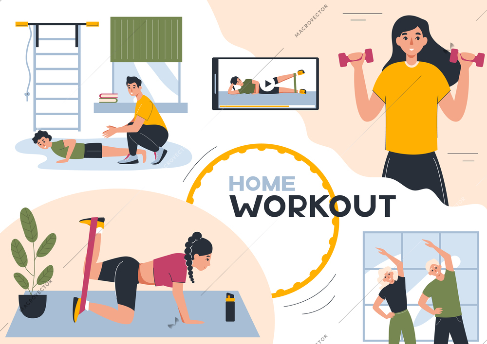 Home workout flat composition with collage of domestic sport exercises gymnastic apparatus human characters and text vector illustration