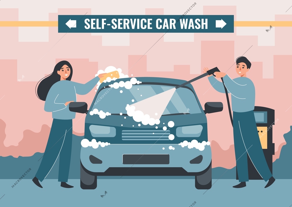 Self service car wash flat composition with front view of automobile being cleaned up by couple vector illustration