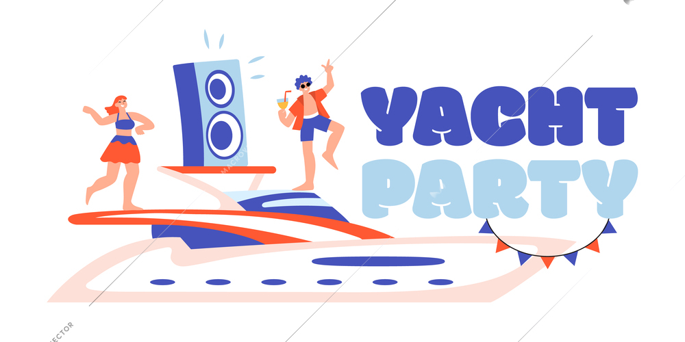 Yacht party composition of text and flat image of modern boat with loudspeaker and dancing people vector illustration