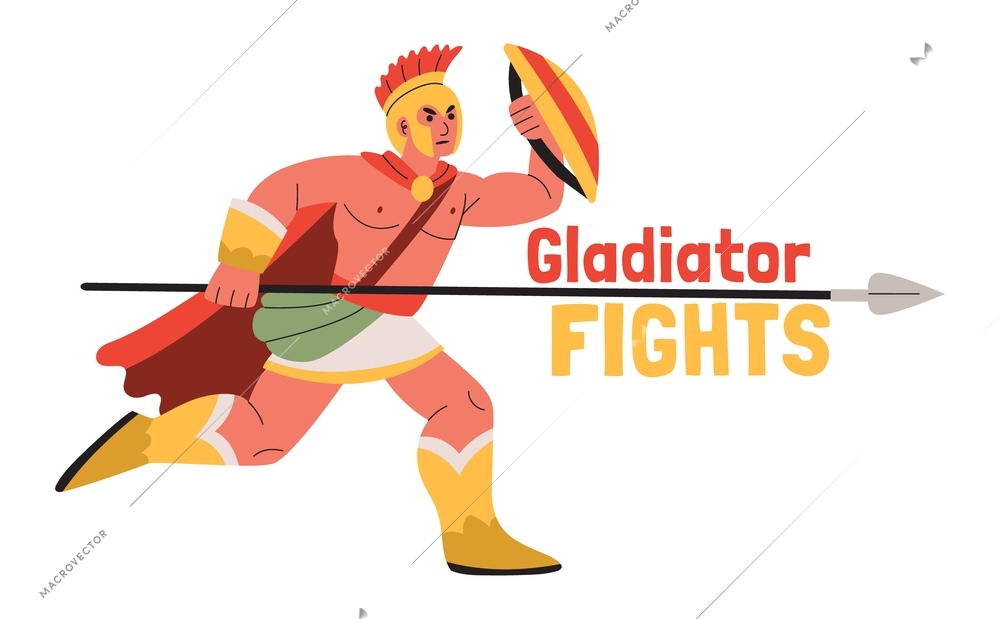 Gladiator fights composition with flat text and running character of warrior holding spade on blank background vector illustration