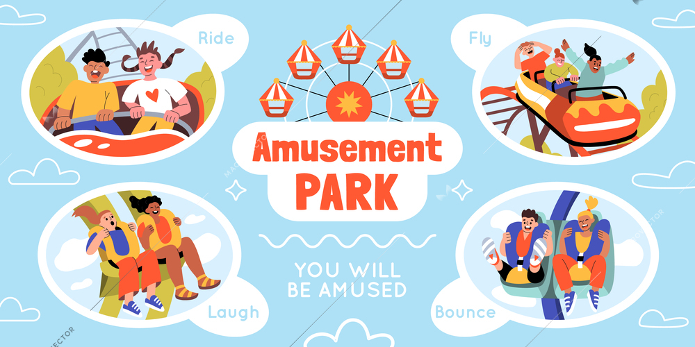 Amusement park flat infographics with isolated round compositions of people taking rides with editable ornate text vector illustration