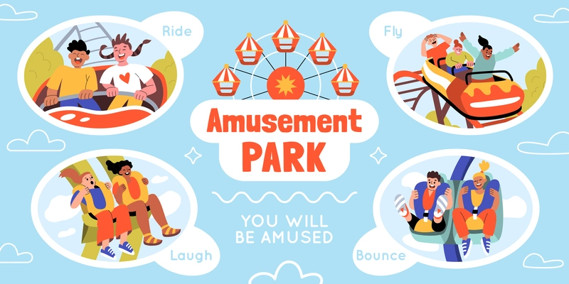 Amusement park flat infographics with isolated round compositions of people taking rides with editable ornate text vector illustration