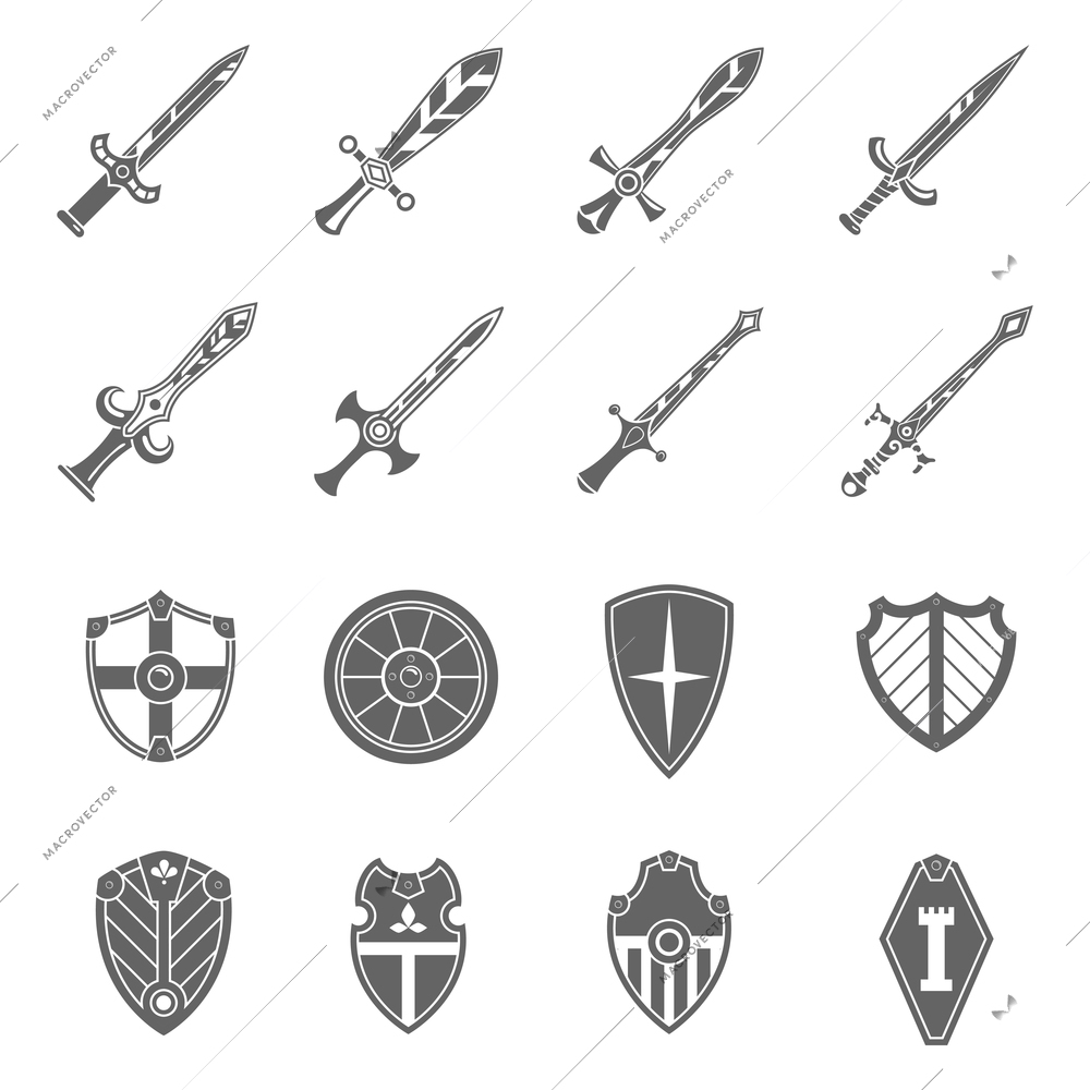 Medieval crusader heraldic battle shields and historic  templar knights long steel swords black abstract isolated vector illustration