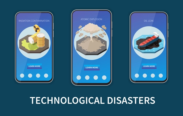 Natural and technological disaster isometric mobile app templates isolated vector illustration