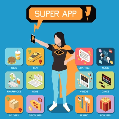 Superapp isometric concept with woman in super hero cape and application icons vector illustration