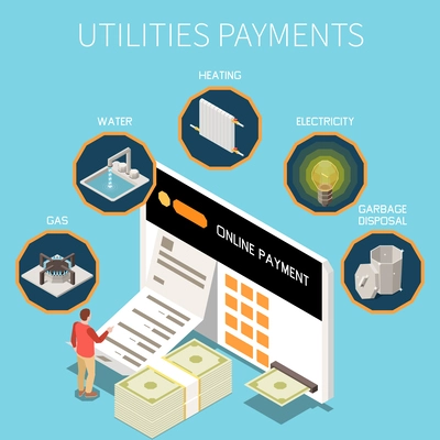 Utility expences isometric concept with service bills and payments symbols vector illustration