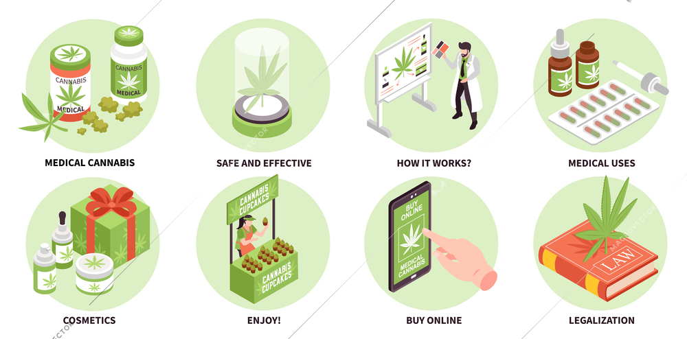 Cannabis isometric round compositions of different hemp products used in medicine cosmetics and cooking isolated vector illustration