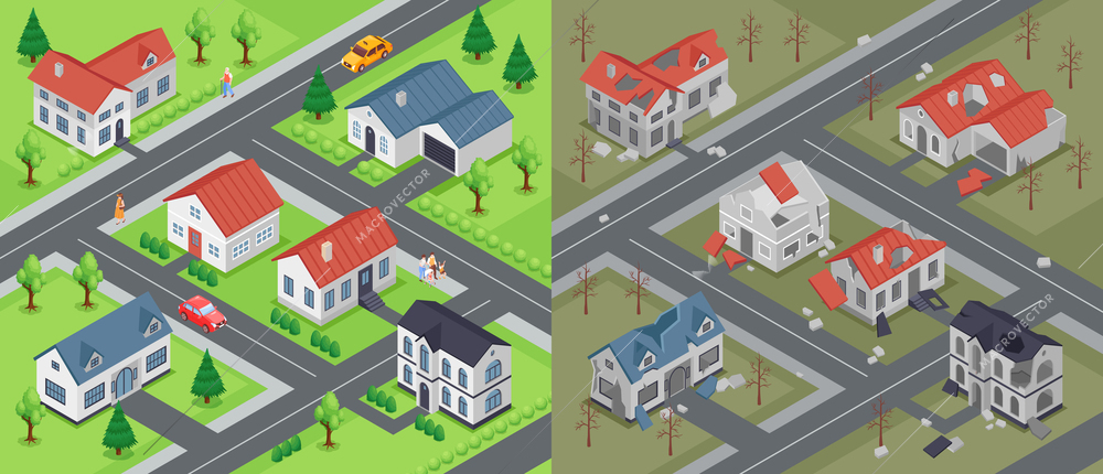 Isometric ruined city before and after compositions set with outdoor view of populated and abandoned district vector illustration